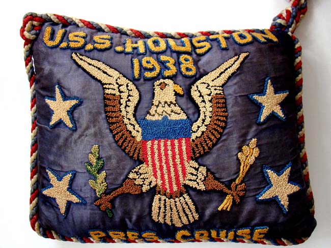 An historic silk embroidered pillow made to commemorate Pres. Franklin Roosevelt's 24 day cruise aboard the (ill-fated) USS HOUSTON in July 1938. — image 4